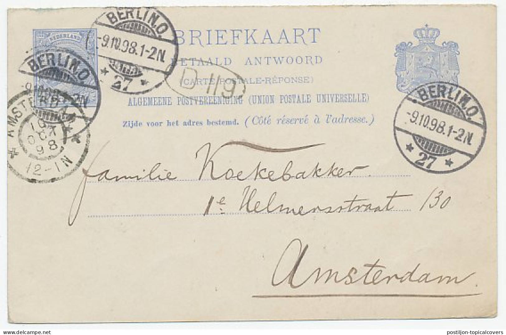 Briefkaart G. 37 A.krt. Berlijn Duitsland - Amsterdam 1898 - Entiers Postaux