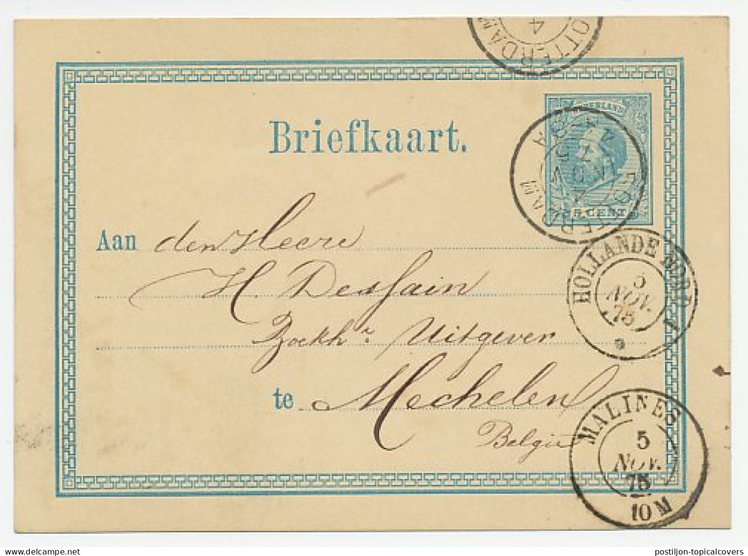 Briefkaart Rotterdam - Belgie 1875 - Grensstempel - Lettres & Documents