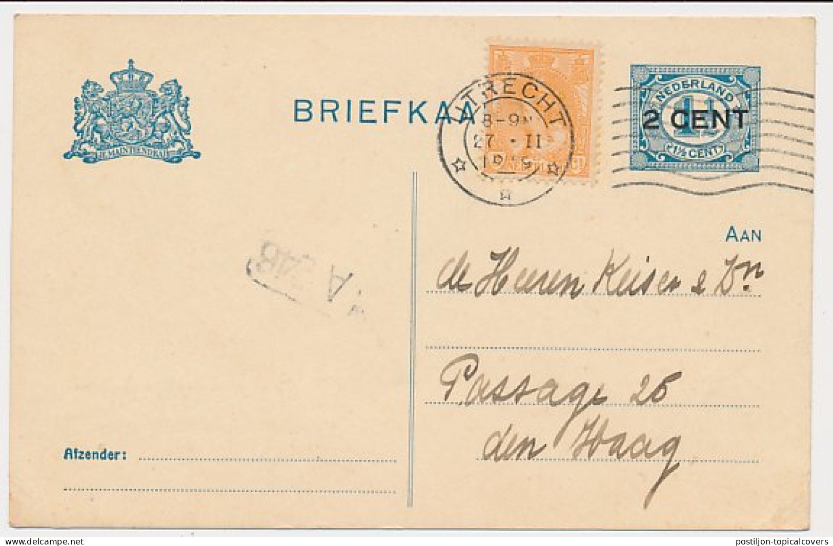 Briefkaart G. 94 A I / Bijfrankering Utrecht - Den Haag 1919 - Ganzsachen