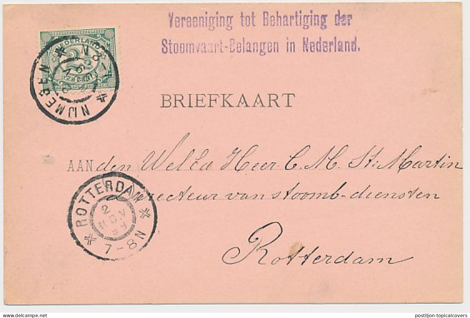 Briefkaart Nijmegen 1899 - Ver. Stoomvaart Belangen In Nederland - Ohne Zuordnung