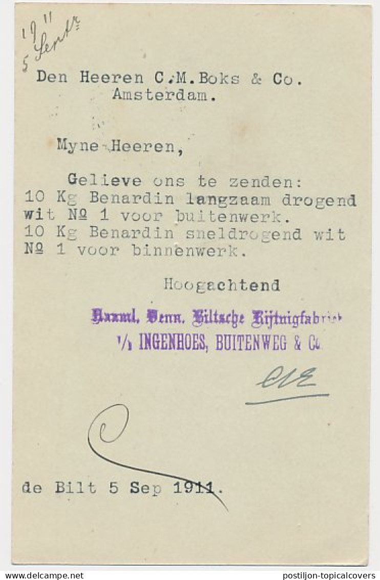 Firma Briefkaart De Bilt 1911 - Rijtuigenfabriek - Ohne Zuordnung
