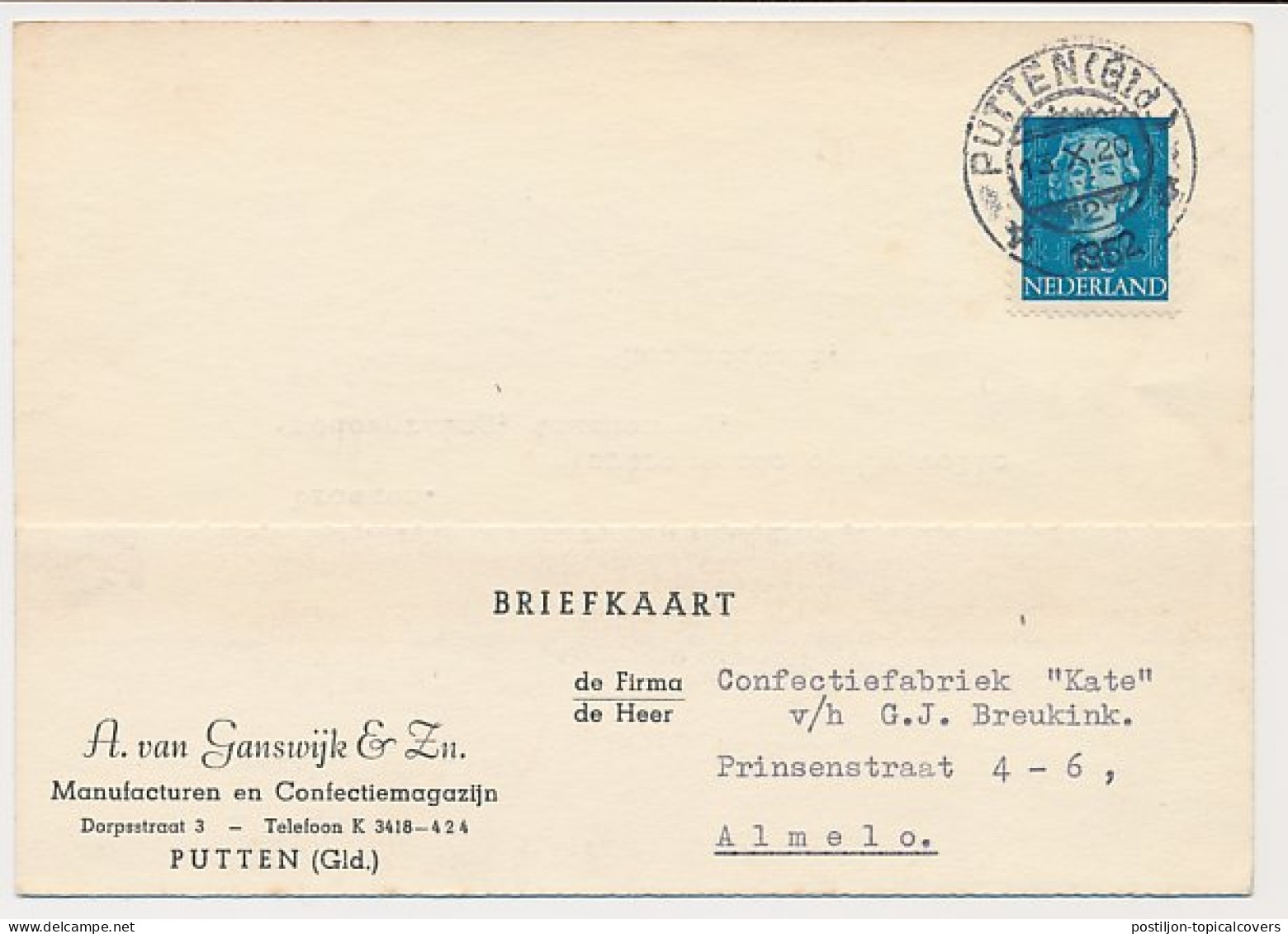 Firma Briefkaart Putten 1952 - Manufacturen - Confectie - Ohne Zuordnung