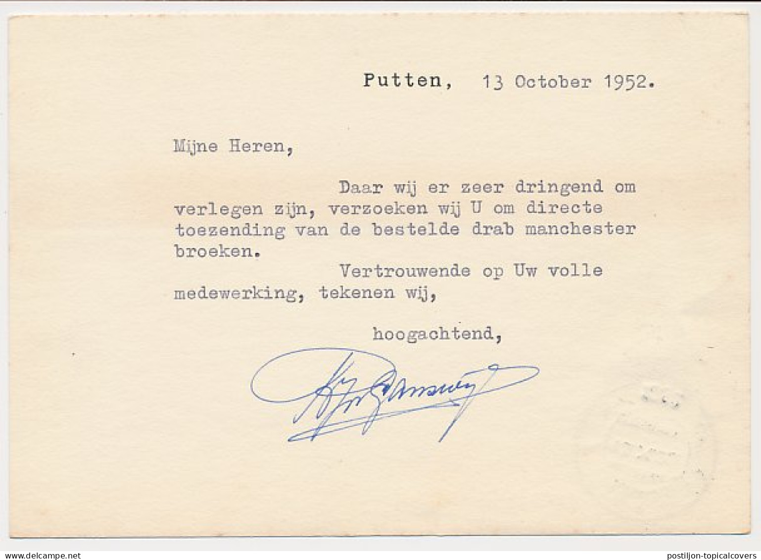 Firma Briefkaart Putten 1952 - Manufacturen - Confectie - Ohne Zuordnung