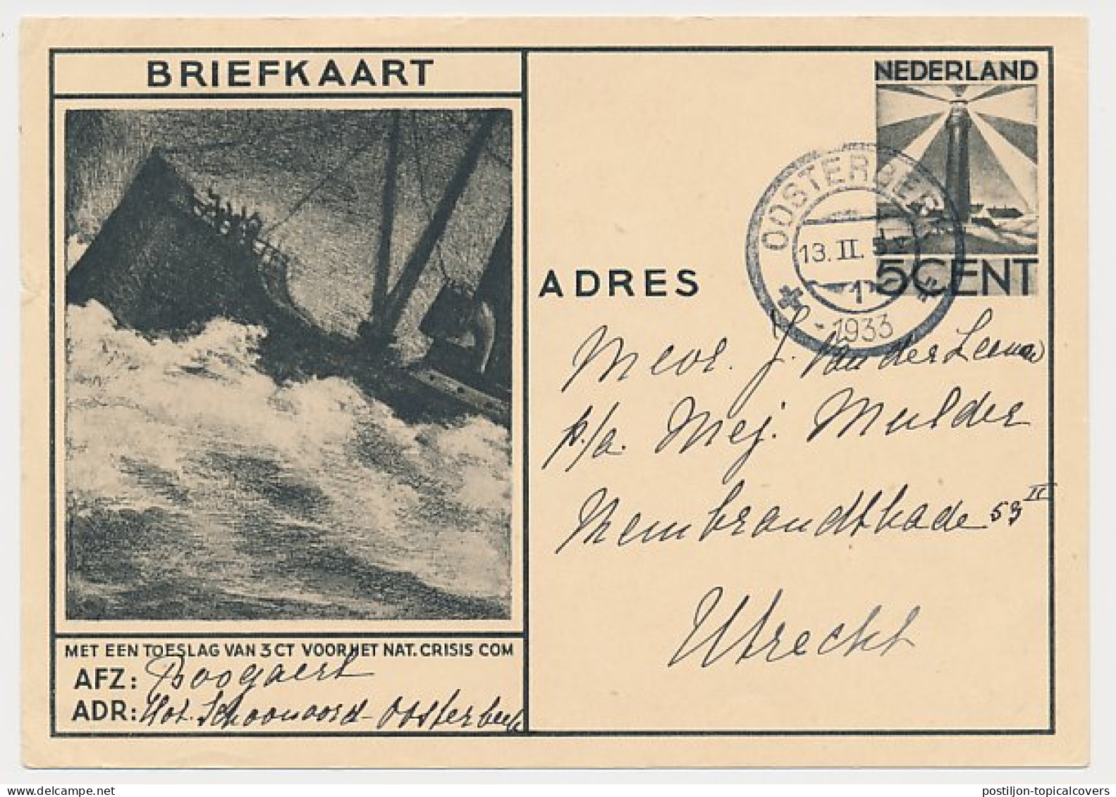 Briefkaart G. 234 Oosterbeek - Utrecht 1933 - Entiers Postaux
