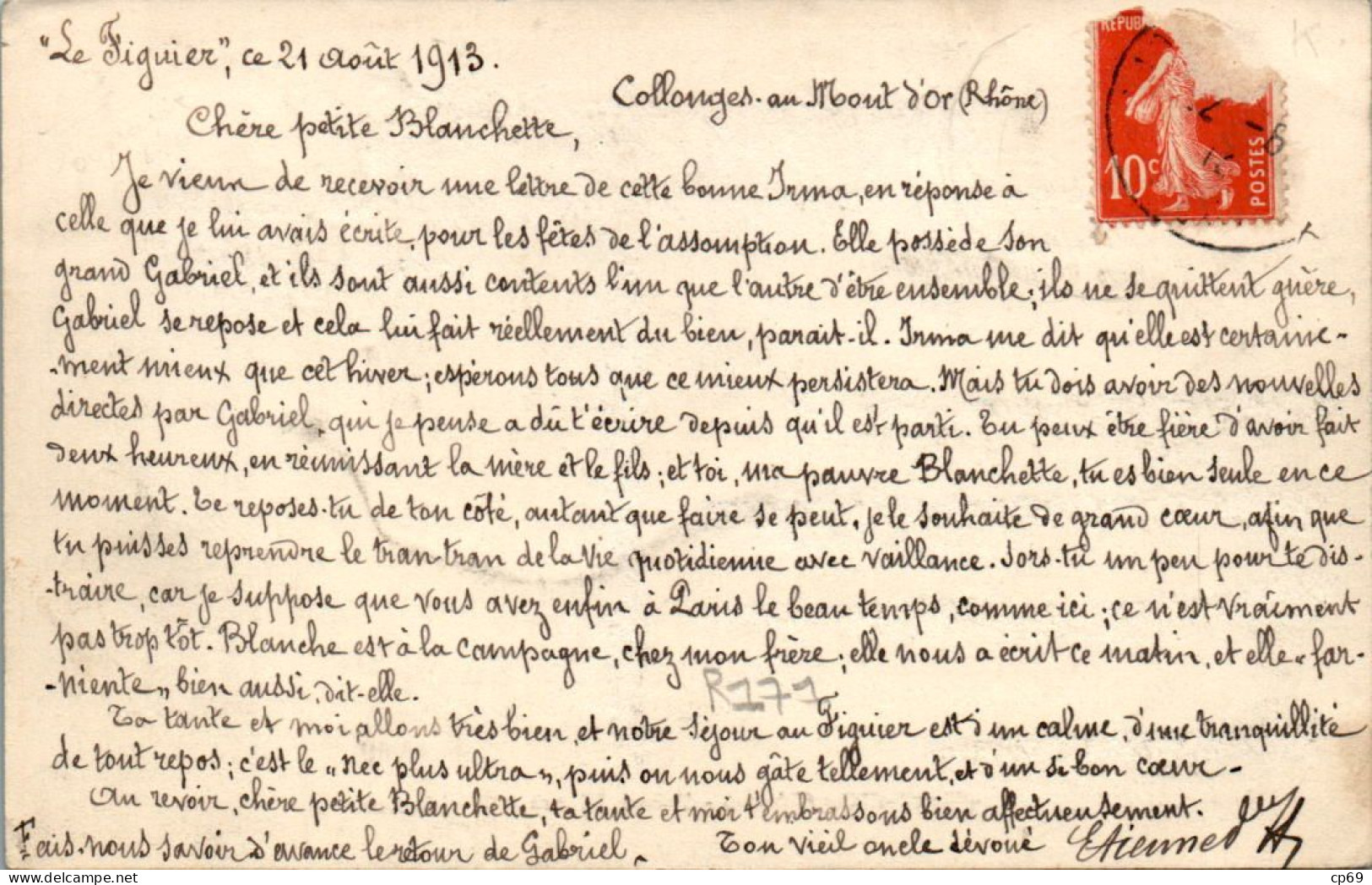 Collonges-au-Mont-D'Or Canton Limonest Trèves-Pâques Grande-Rue Rhône 69660 N°15 Cpa Voyagée En 1913 Timbre Déchiré TB.E - Autres & Non Classés