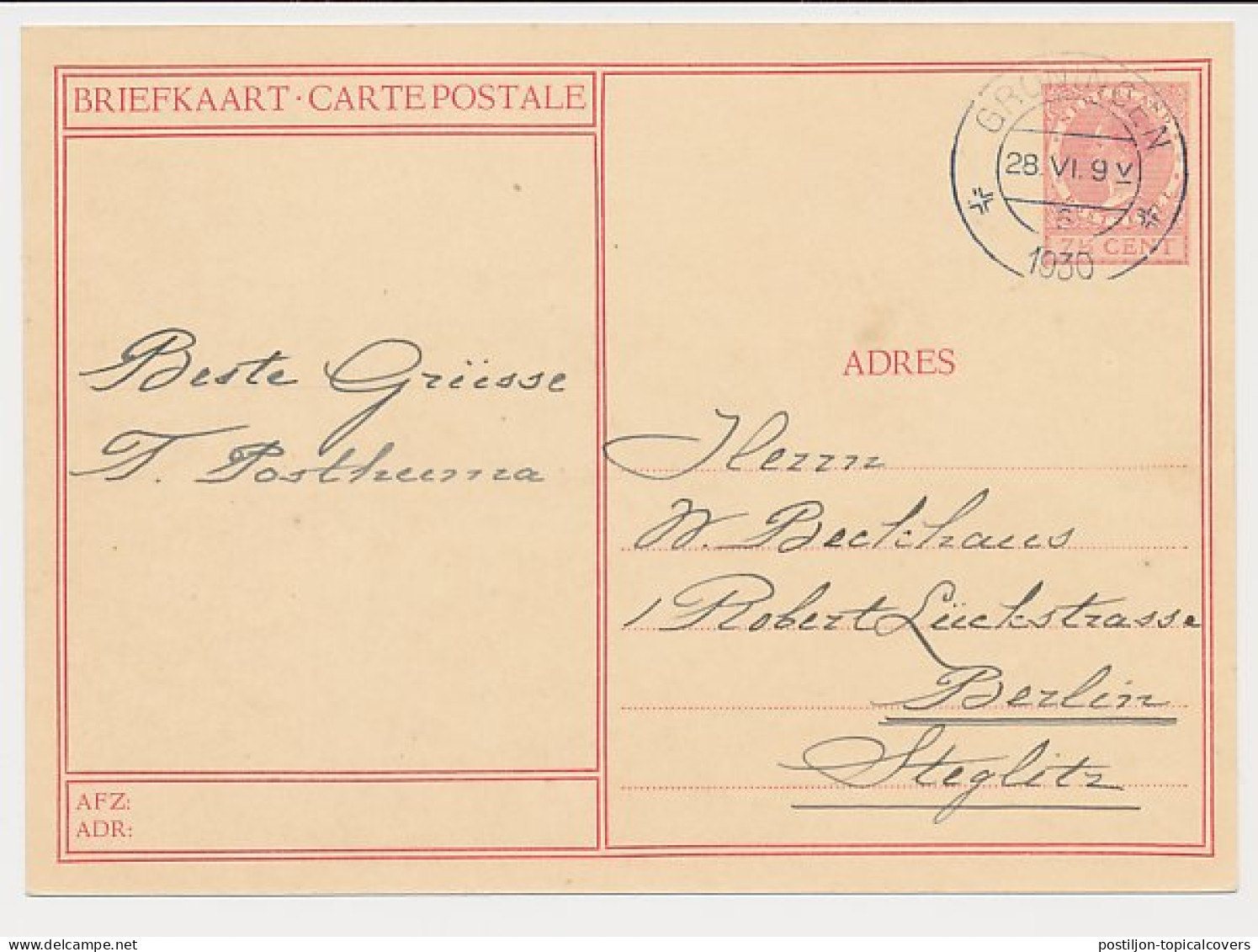 Briefkaart G. 227 L ( Zierikzee ) Groningen - Duitsland 1930 - Postal Stationery