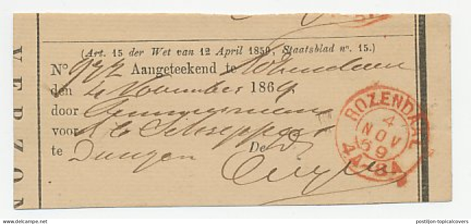 Rozendaal 1869 - Ontvangbewijs Aangetekende Zending - Ohne Zuordnung