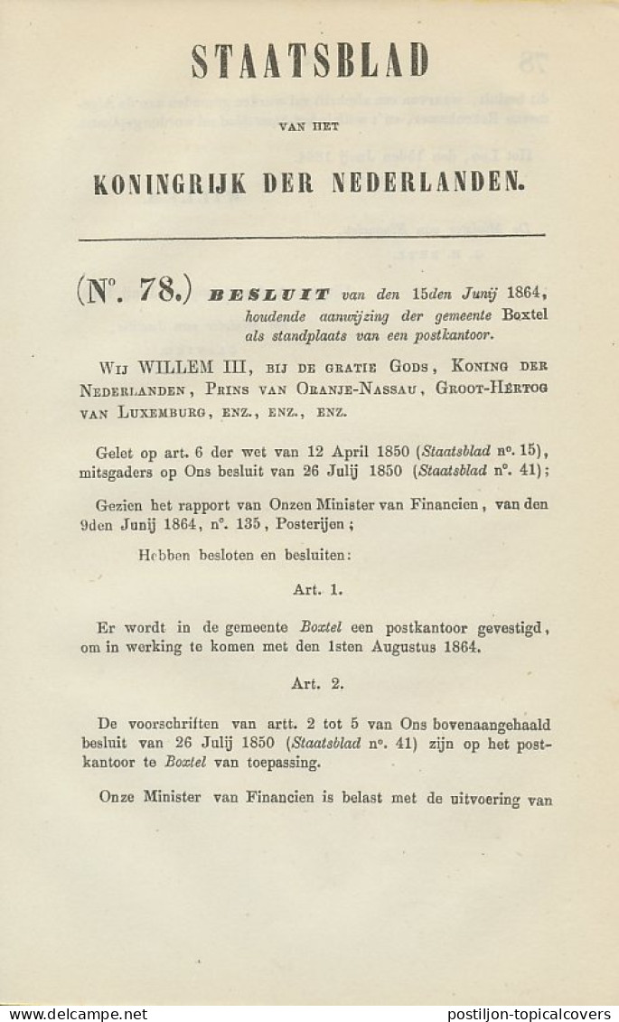 Staatsblad 1864 - Betreffende Postkantoor Boxtel - Lettres & Documents