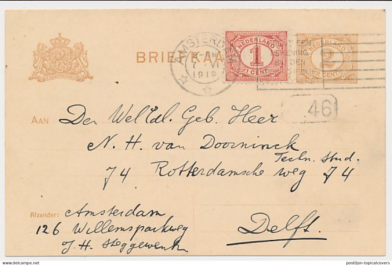 Briefkaart G. 88 A II/ Bijfrankering Amsterdam - Delft 1919 - Entiers Postaux