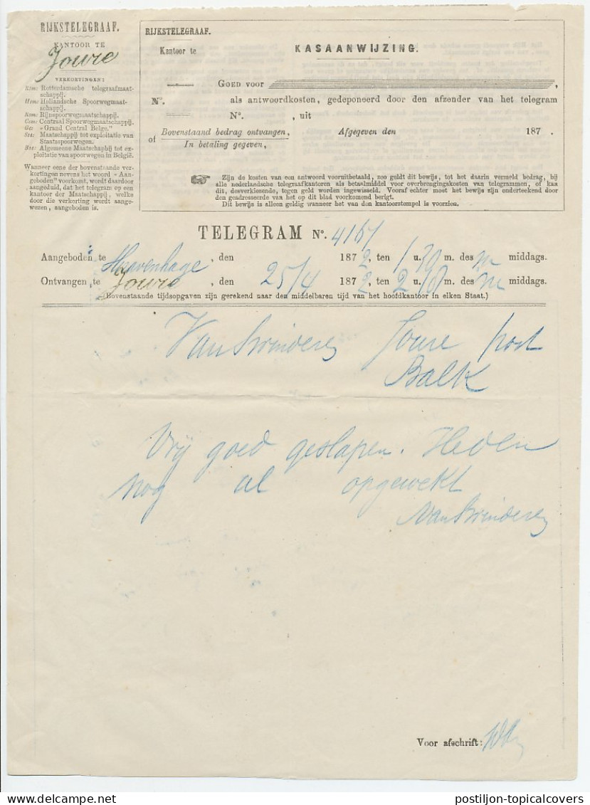 Telegram Den Haag - Joure 1872 - Unclassified