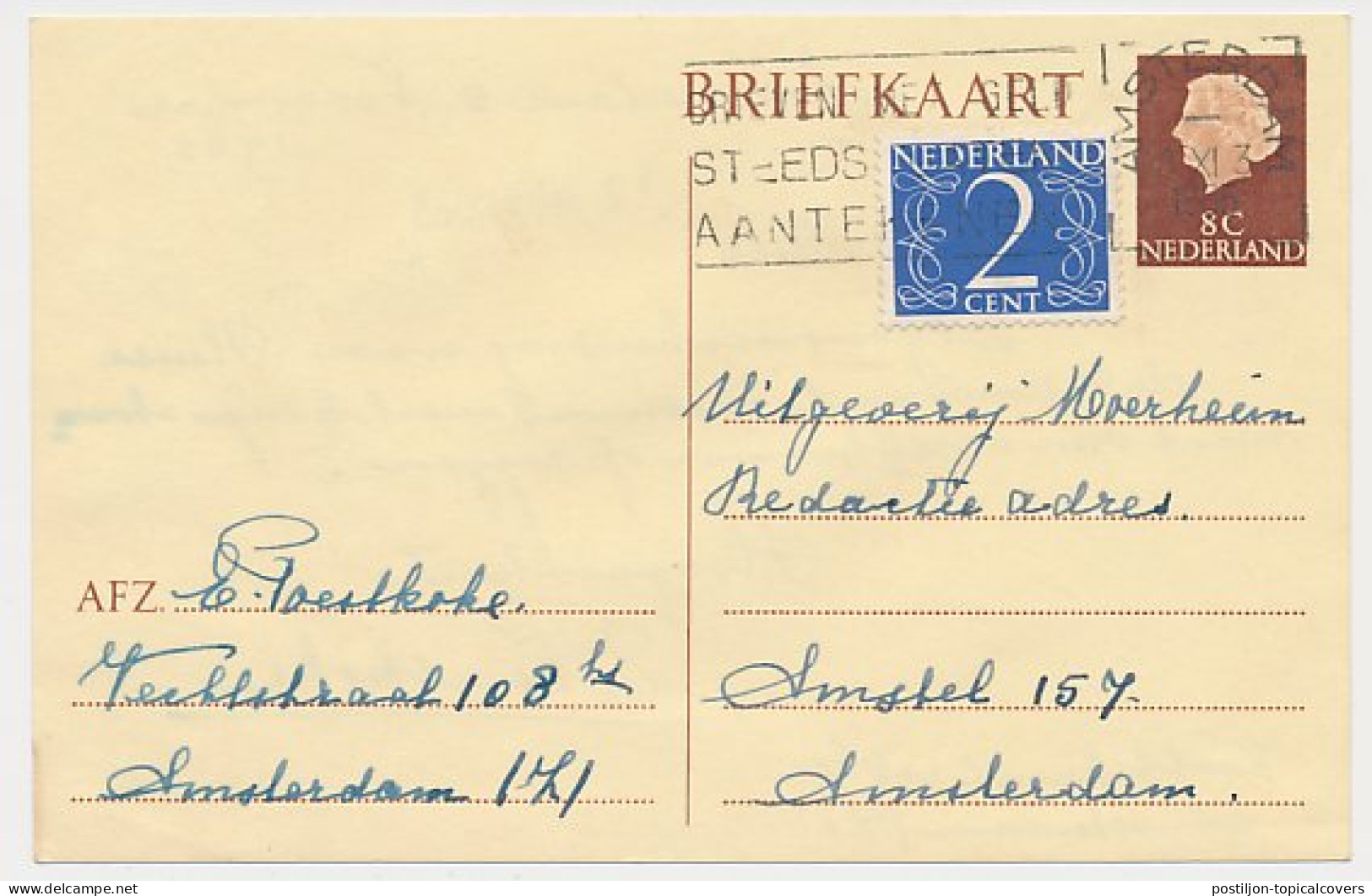 Briefkaart G. 325 / Bijfrankering Locaal Te Amsterdam 1965 - Entiers Postaux