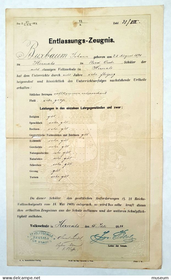 Entlassungs-Zeugnis Aus Der Achtclassigen Volksschule In Hernals, Wien 1884 - Historische Documenten