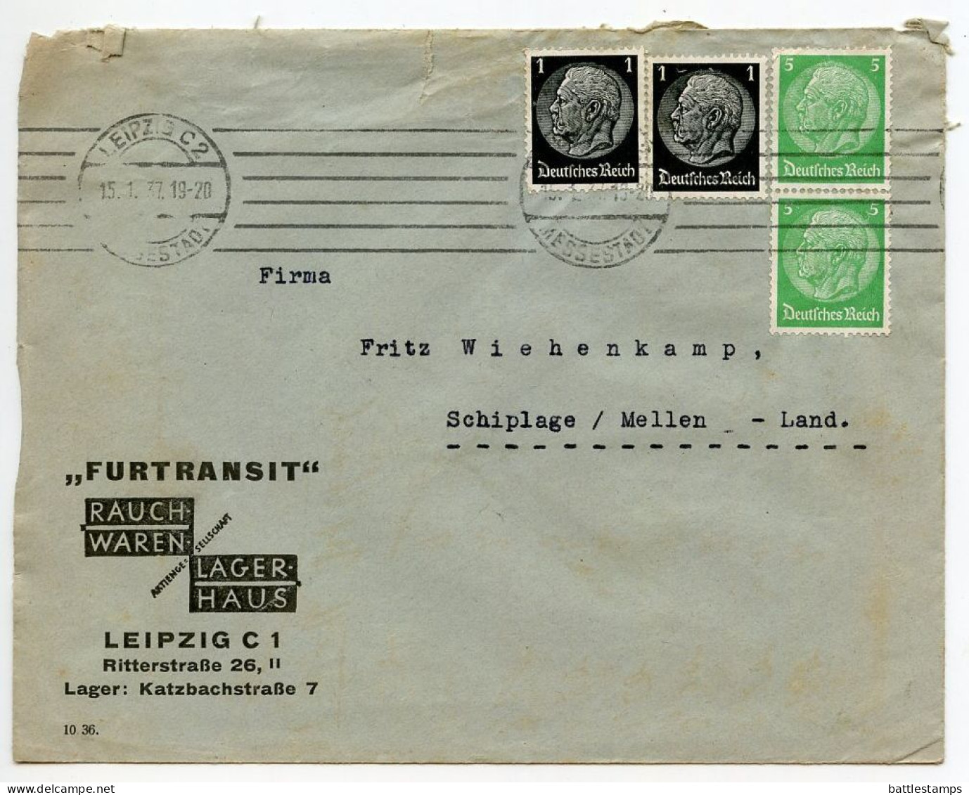 Germany 1937 Cover; Leipzig (Messestadt) - “Furtransit” Rauchwaren U. Lagerhaus To Schiplage; Hindenburg Stamps - Lettres & Documents