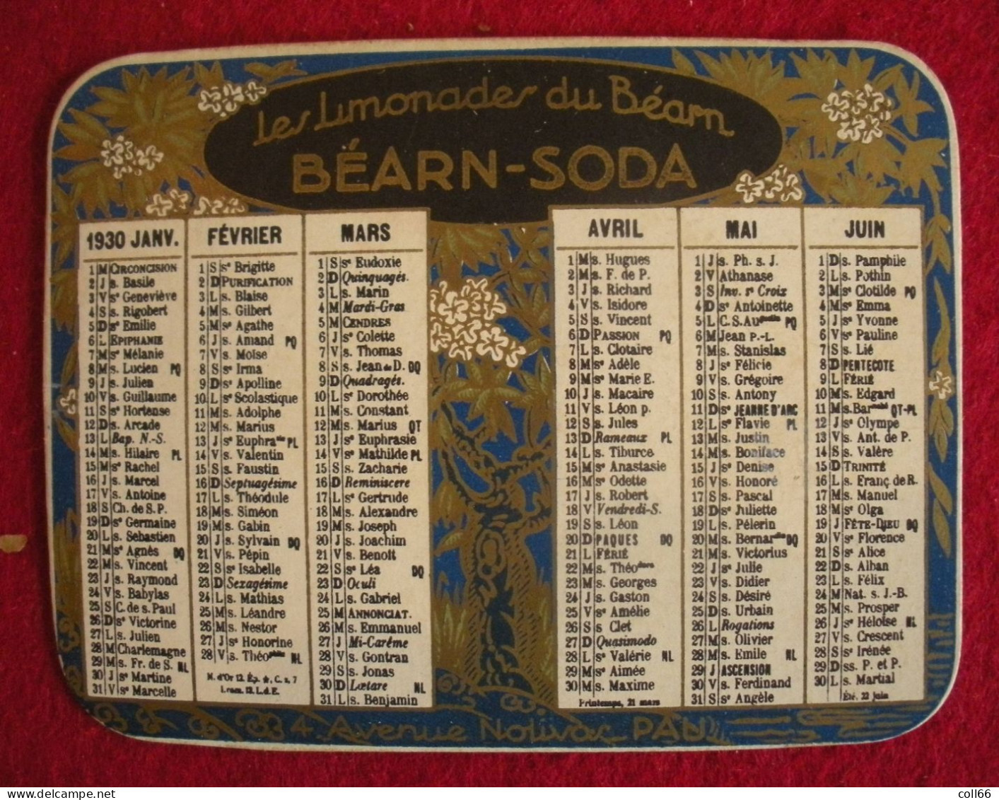 64 Pau 1930 Calendrier Publicité Béarn-Soda Les Limonades Du Béarn Av Nolivac Art Déco 9.5x6.8cm Sauf Pierrelabarthe - Kleinformat : 1921-40