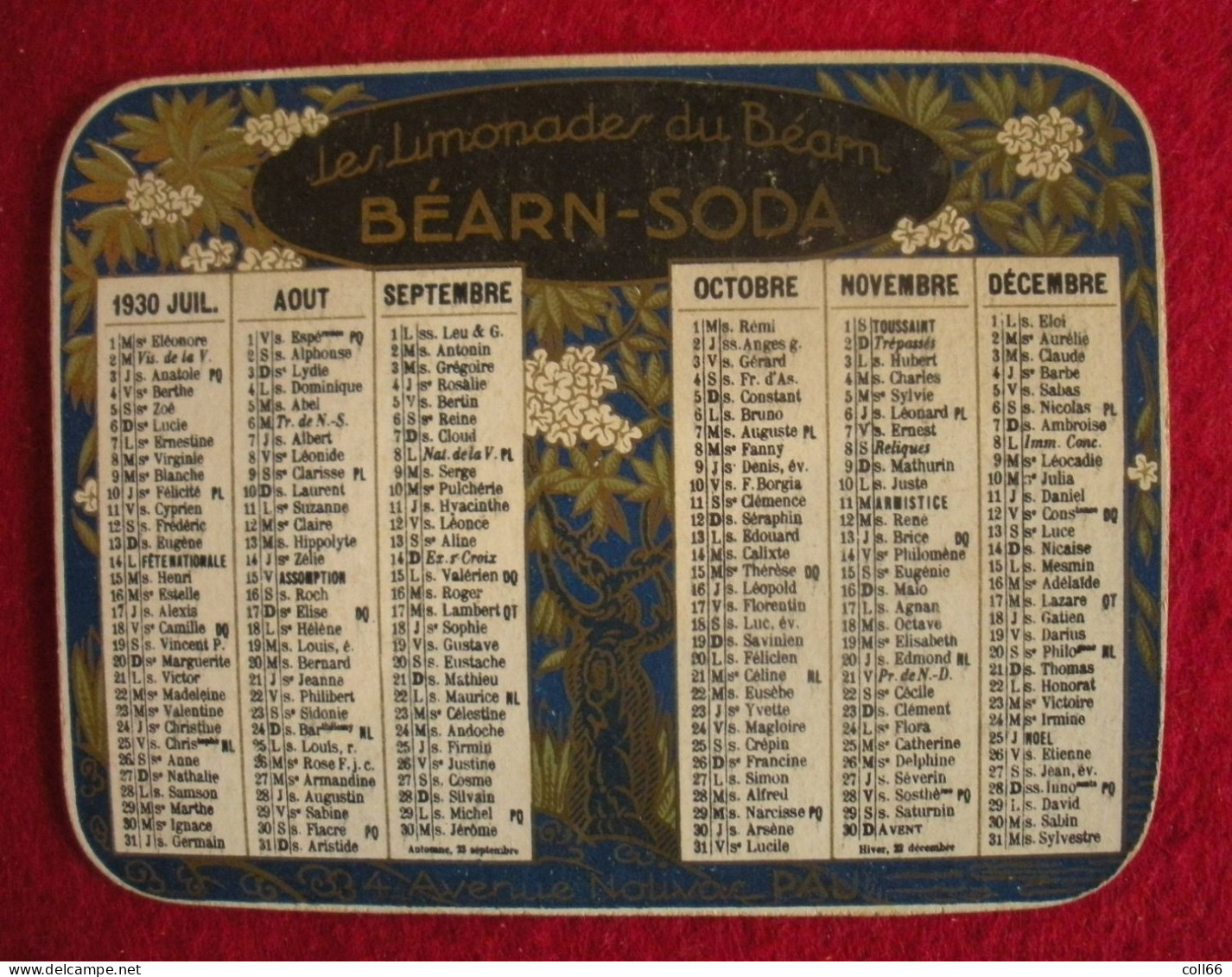 64 Pau 1930 Calendrier Publicité Béarn-Soda Les Limonades Du Béarn Av Nolivac Art Déco 9.5x6.8cm Sauf Pierrelabarthe - Small : 1921-40