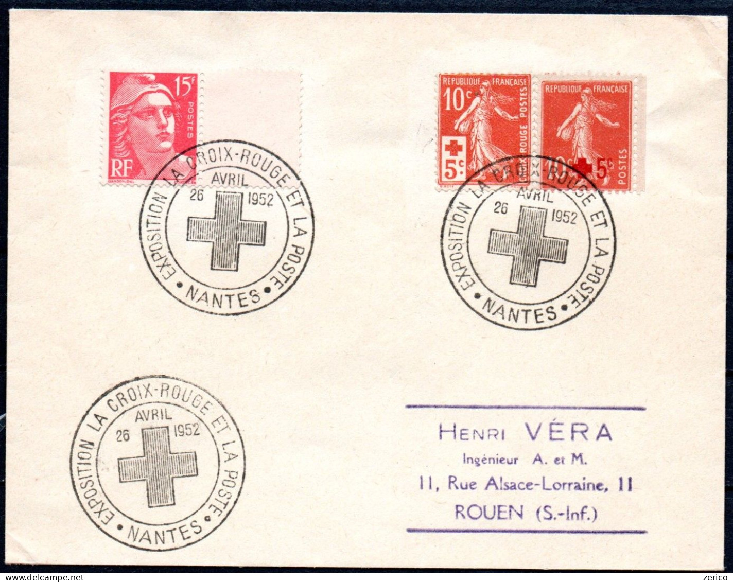 Croix Rouge N° 146 Et 147 Cachets Expo. La Croix-rouge Et La Poste Nantes. Pour Rouen 1952 - Lettres & Documents