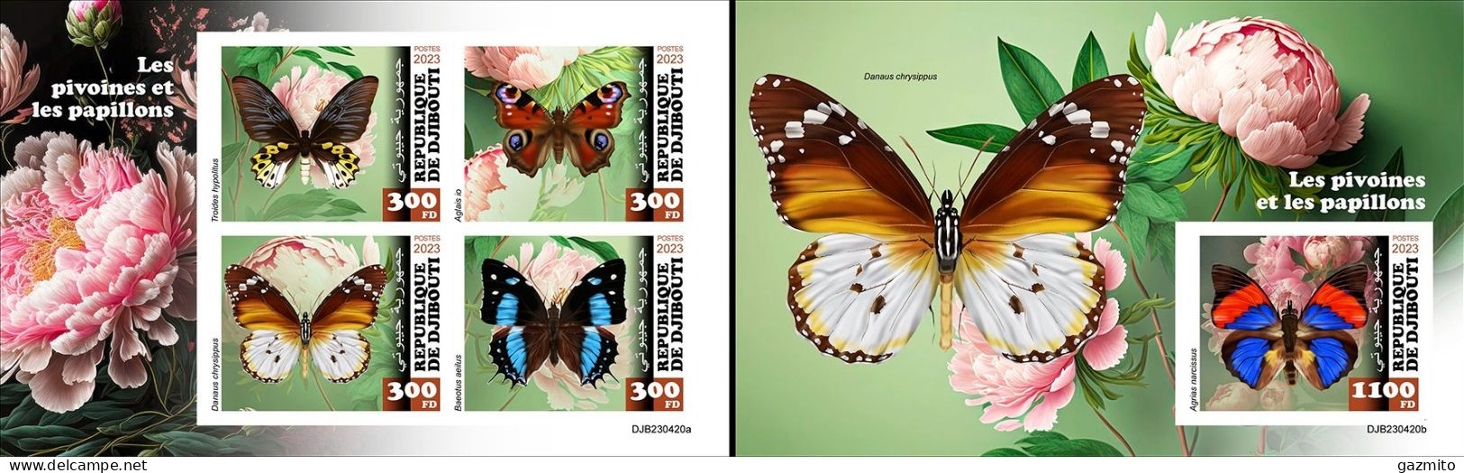 Djibouti 2023, Animals, Butterflies And Peonies, 4val In BF +BF IMPERFORATED - Papillons