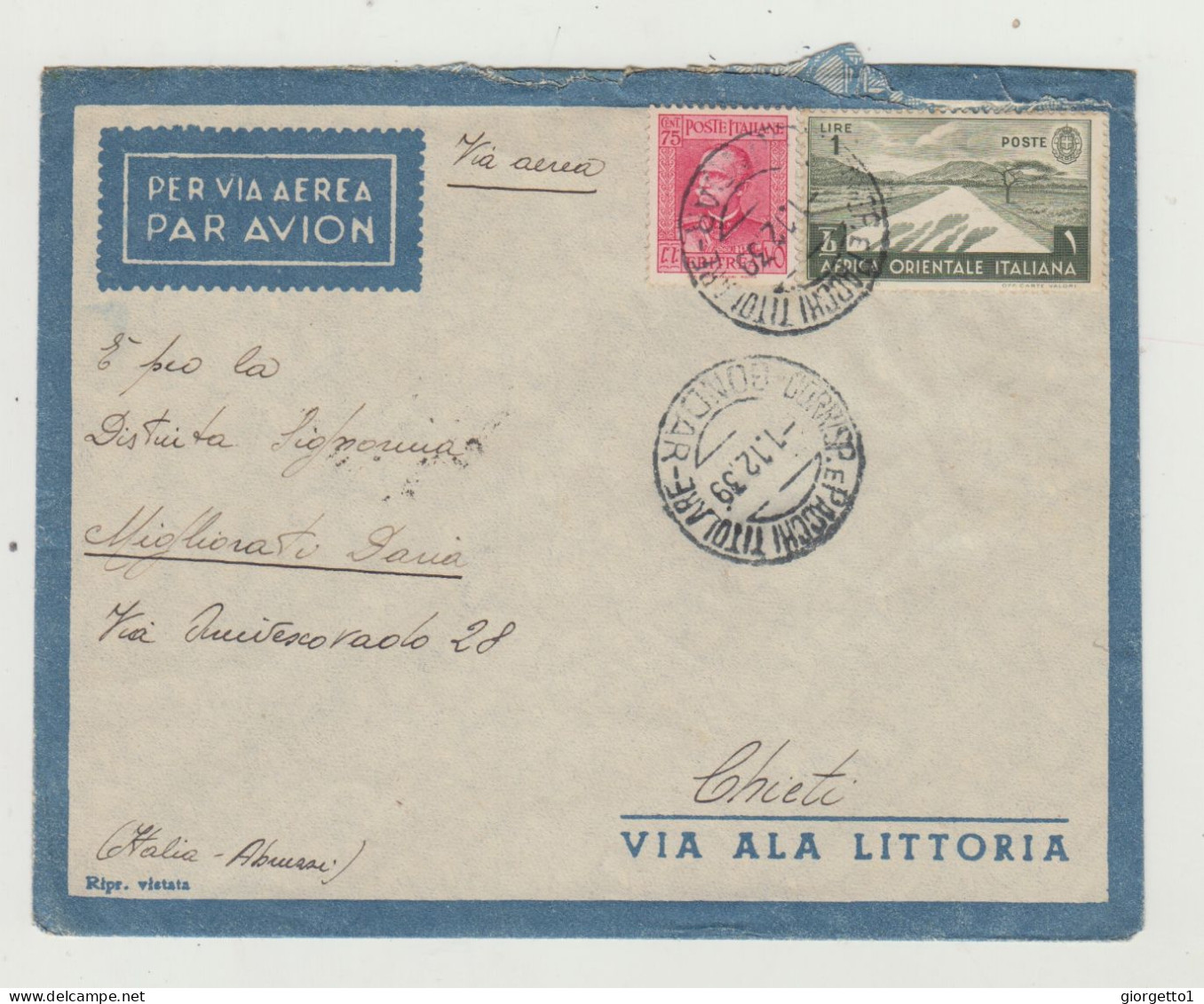 BUSTA SENZA LETTERA -VIA ALA LITTORIA - ANNULLO GONDAR DEL 1939 - AFRICA ORIENTALE ITALIANA A.O.I. WW2 - Marcophilia (AirAirplanes)