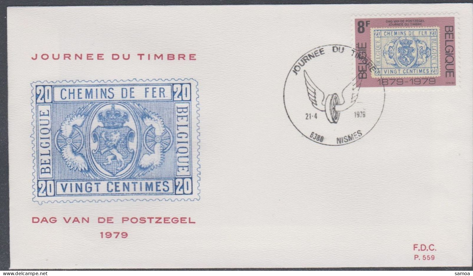 Belgique FDC 1979 1929 Journée Du Timbre Chemins De Fer Roue Ailée Nismes - 1971-1980