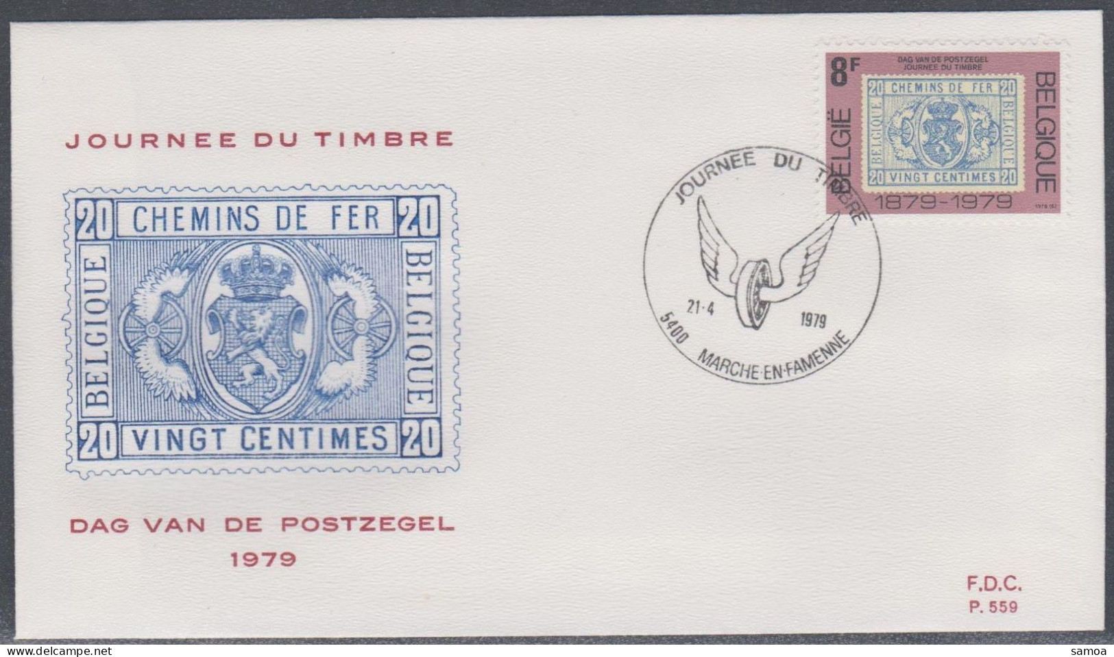 Belgique FDC 1979 1929 Journée Du Timbre Chemins De Fer Roue Ailée Marche-en-Famenne - 1971-1980