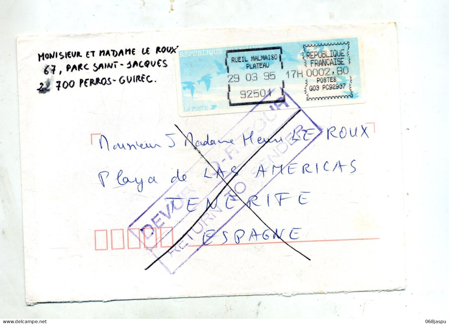 Lettre Vignette Rueil + Retour + Tenerife - 1990 « Oiseaux De Jubert »