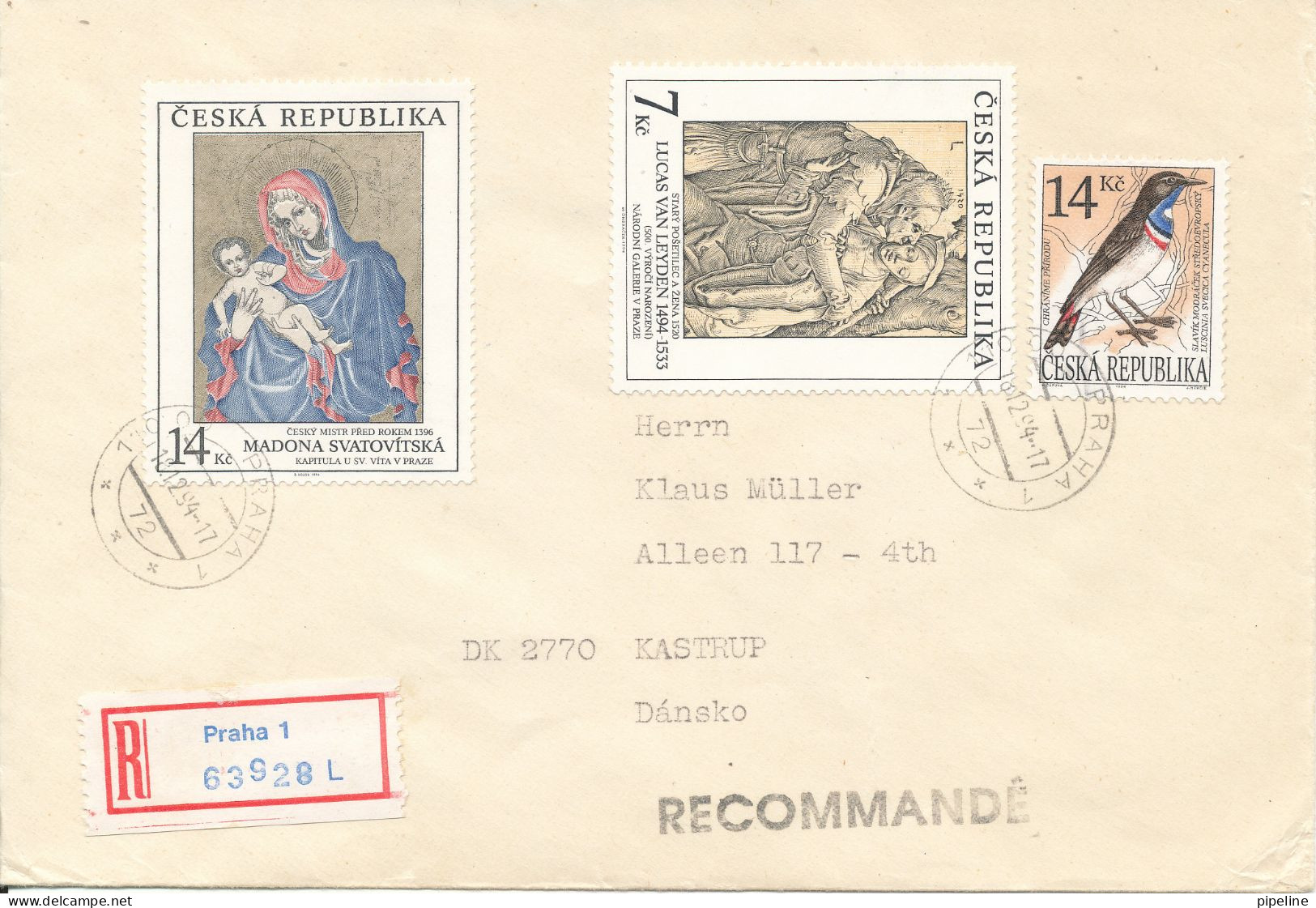 Czech Republic Registered Cover Sent To Denmark 18-12-1994 Topic Stamps BIRD And Paintings - Lettres & Documents