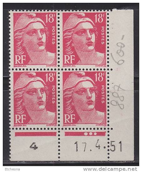 Type Marianne De Gandon 18f Rose Carminé Coin De Feuille Daté 17.4.51 Et Précédé Du Numéro 4  N°887 - 1950-1959