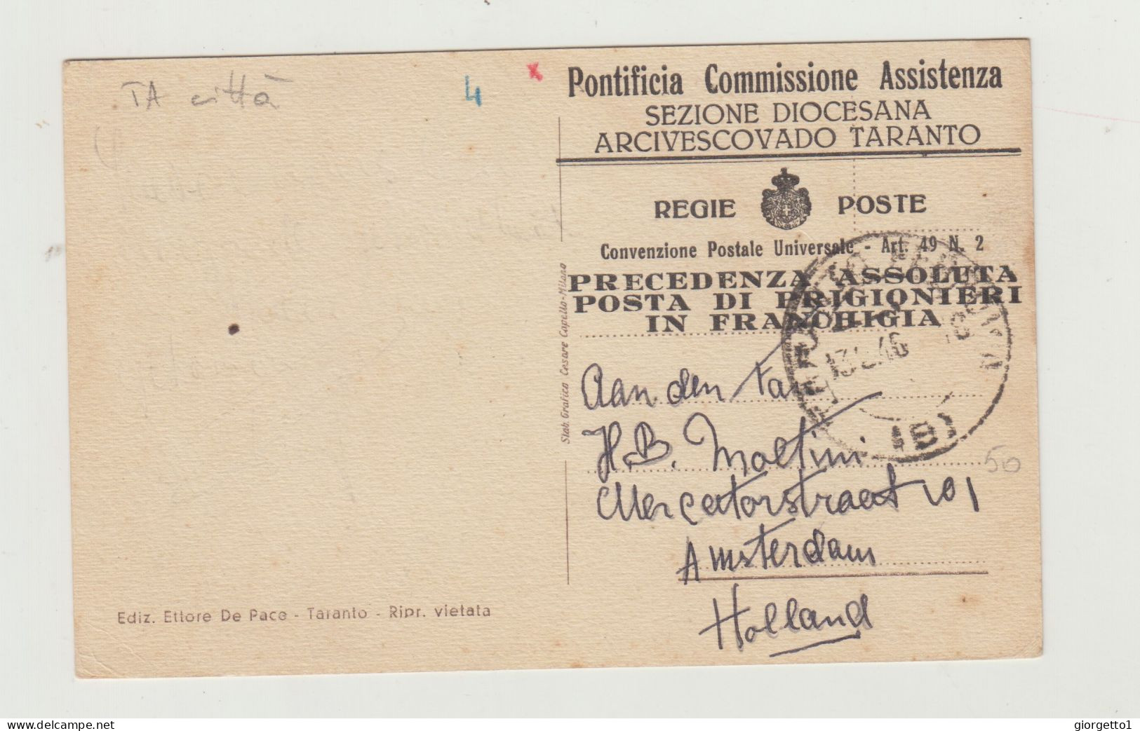 CARTOLINA TARANTO -PALAZZO GOVERNO - PONTIFICIA COMMISSIONE ASSISTENZA - REGIE POSTE DEL 1940 VERSO AMSTERDAM - OLANDA - Taranto