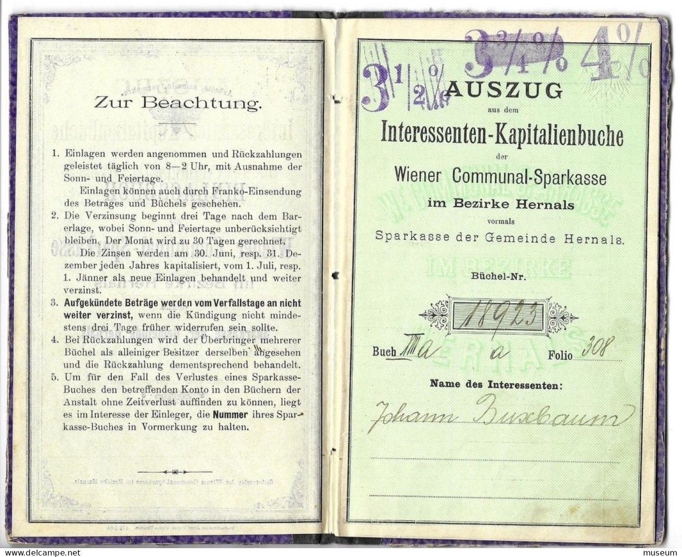 Sparbuch, Wiener Kommunal-Sparkasse, 1905 - Other & Unclassified