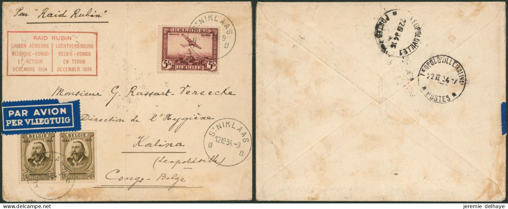 PA4 + N°385 X2 (variété V2) Sur Lettre Par Avion "Raid Rubin" De St-Niklaas (1934) > Kalina (Congo Belge) - Covers & Documents