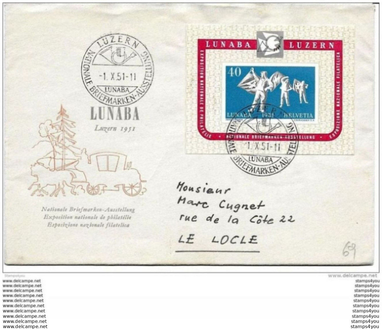 23-71 -  Enveloppe Avec Bloc Lunaba Et Oblit Spéciale Luzern 1951 - Poststempel