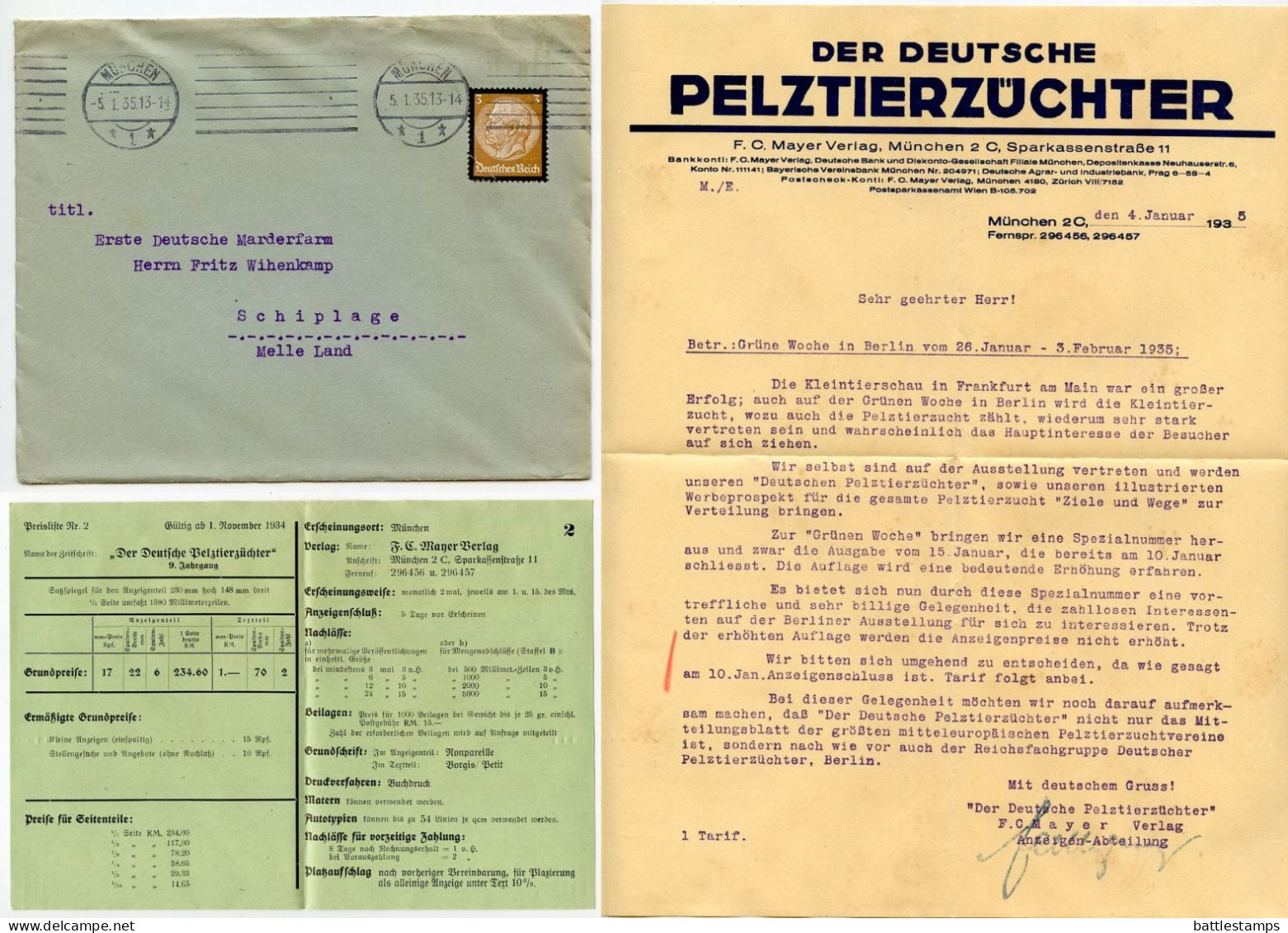 Germany 1935 Cover & Letter; München, Die Deutscher Pelztierzüchter To Schiplage; 3pf. Hindenburg Mourning Stamp - Covers & Documents