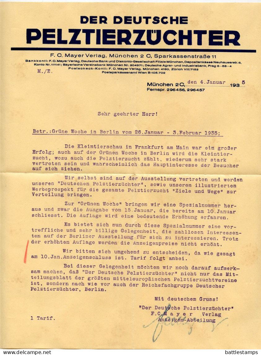 Germany 1935 Cover & Letter; München, Die Deutscher Pelztierzüchter To Schiplage; 3pf. Hindenburg Mourning Stamp - Covers & Documents