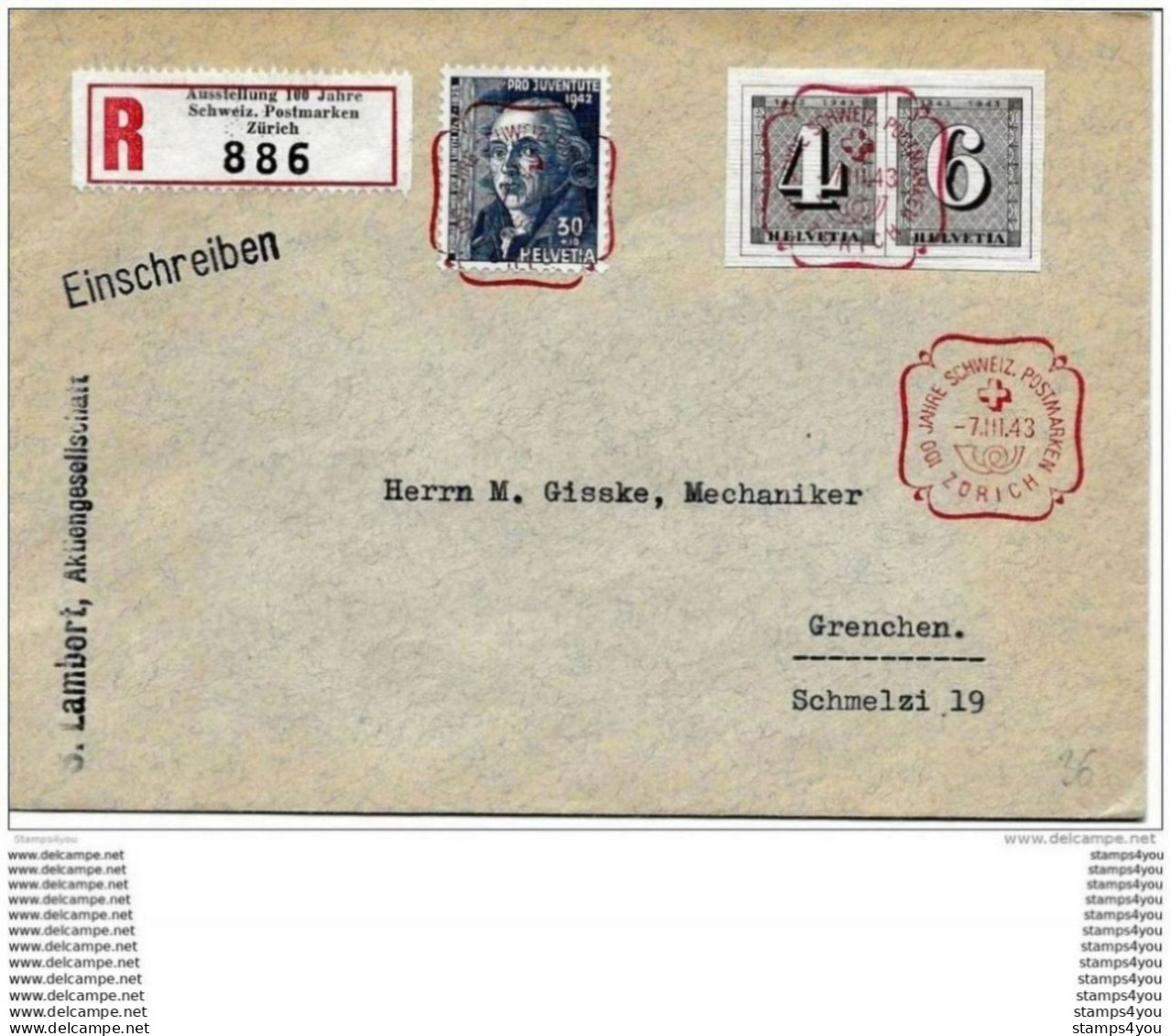 23-87 - Enveloppe Recommandée "100 Jahre Schwiez- Briefmarken" Zürich - Timbre Découpé Du Bloc - Marcophilie