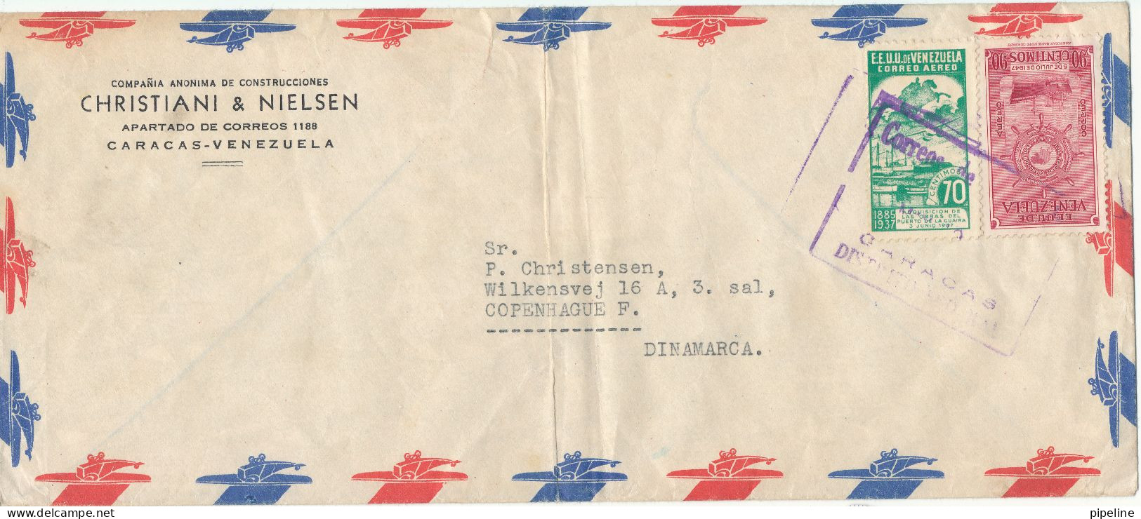 Venezuela Air Mail Cover Sent To Denmark 1947?? (the Cover Is Bended) - Venezuela