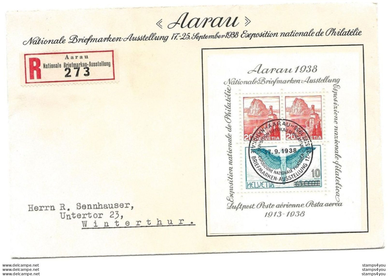 38 - 78 - Enveloppe Recommandée Avec Bloc "Aarau 1938 - Oblit Spéciale De L'expostiion - Marcophilie