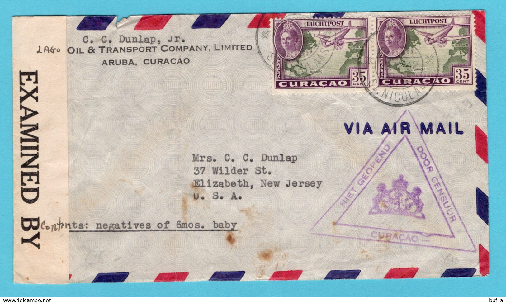 CURAÇAO Luchtpost Censuur Brief 1942 St Nicolaas, Aruba Naar Elizabeth, USA - Curaçao, Antilles Neérlandaises, Aruba