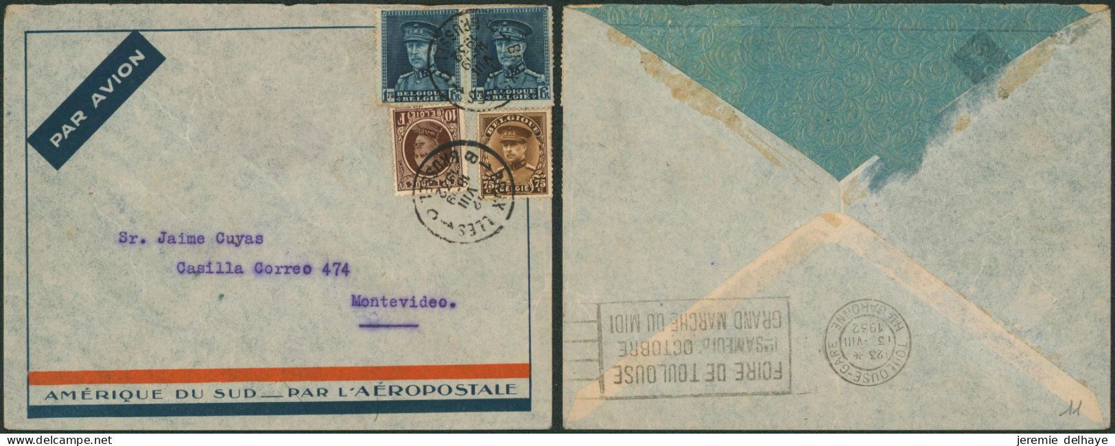 N°210, 320 X2 Et 341 Sur Lettre Par Avion (aéropostal, 1932) De Bruxelles > Montevideo (Uruguay) - Covers & Documents