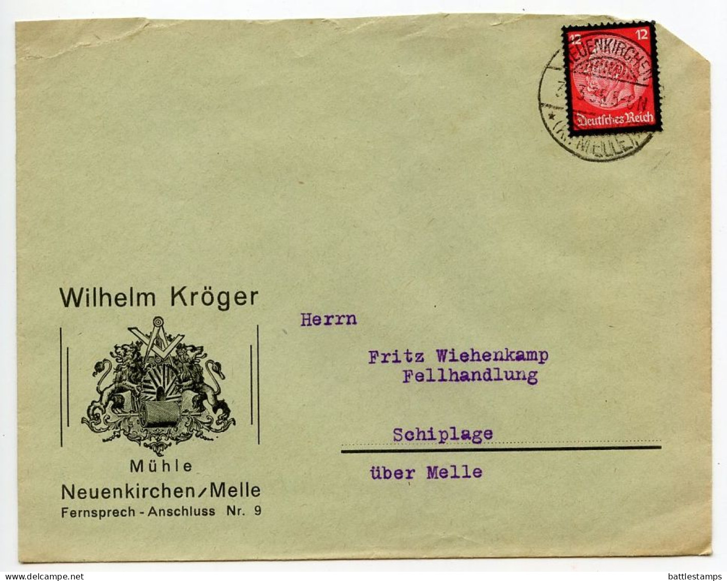 Germany 1935 Cover; Neuenkirchen (Kr. Melle) - Wilhelm Kröger To Schiplage; 12pf. Hindenburg Mourning Stamp - Lettres & Documents