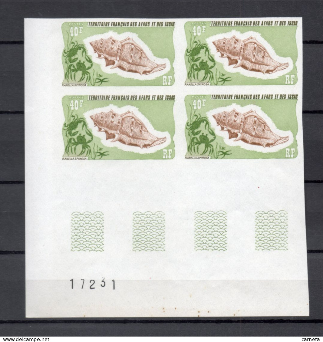 AFARS ET ISSAS  N° 394  NON DENTELE BLOC DE 4 TIMBRES  NEUF SANS CHARNIERE COTE 200.00€   COQUILLAGE ANIMAUX FAUNE - Neufs