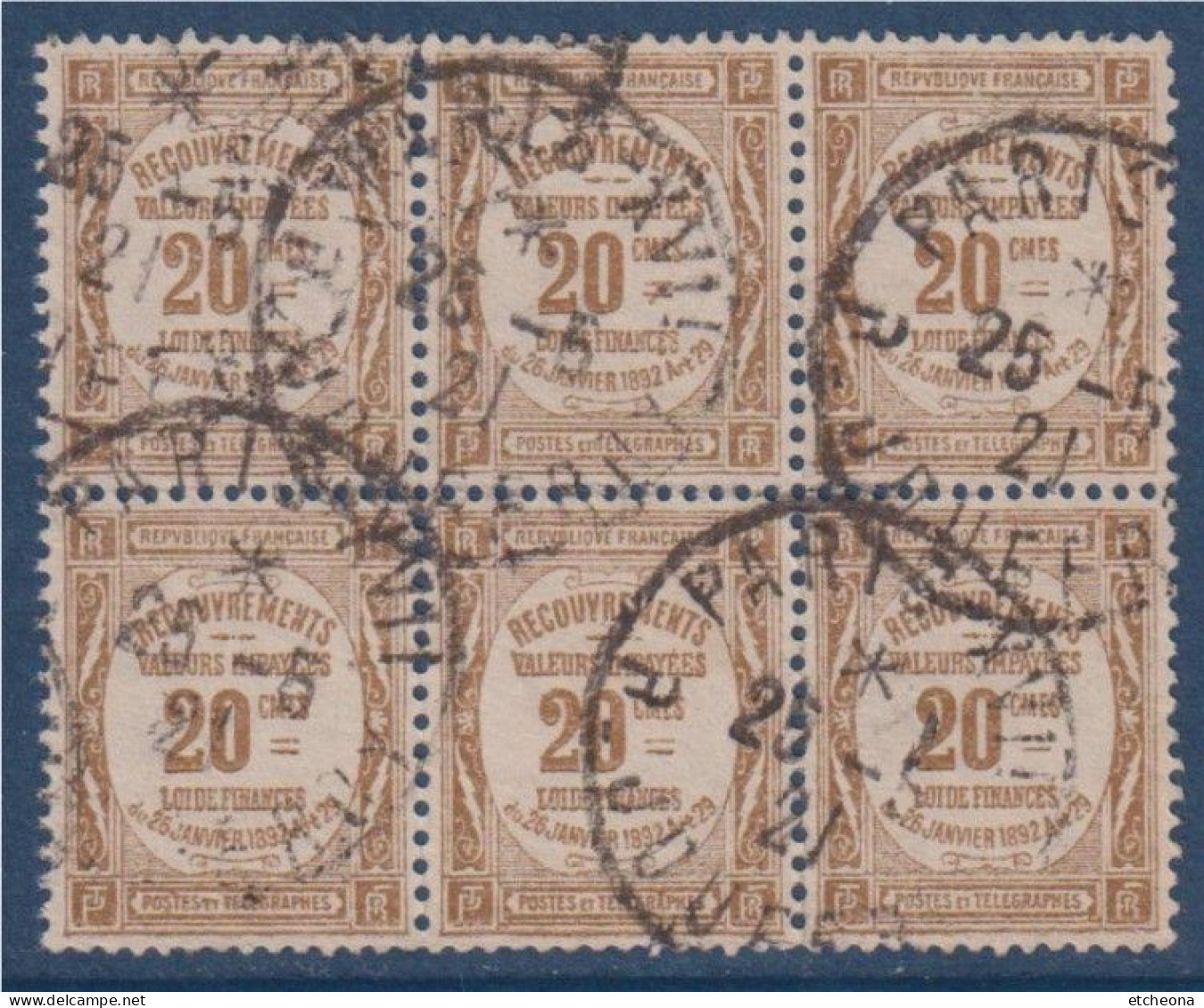 Timbre Taxe Recouvrement N°45 Le 20c Bistre Bloc De 6 Oblitéré - 1859-1959 Used