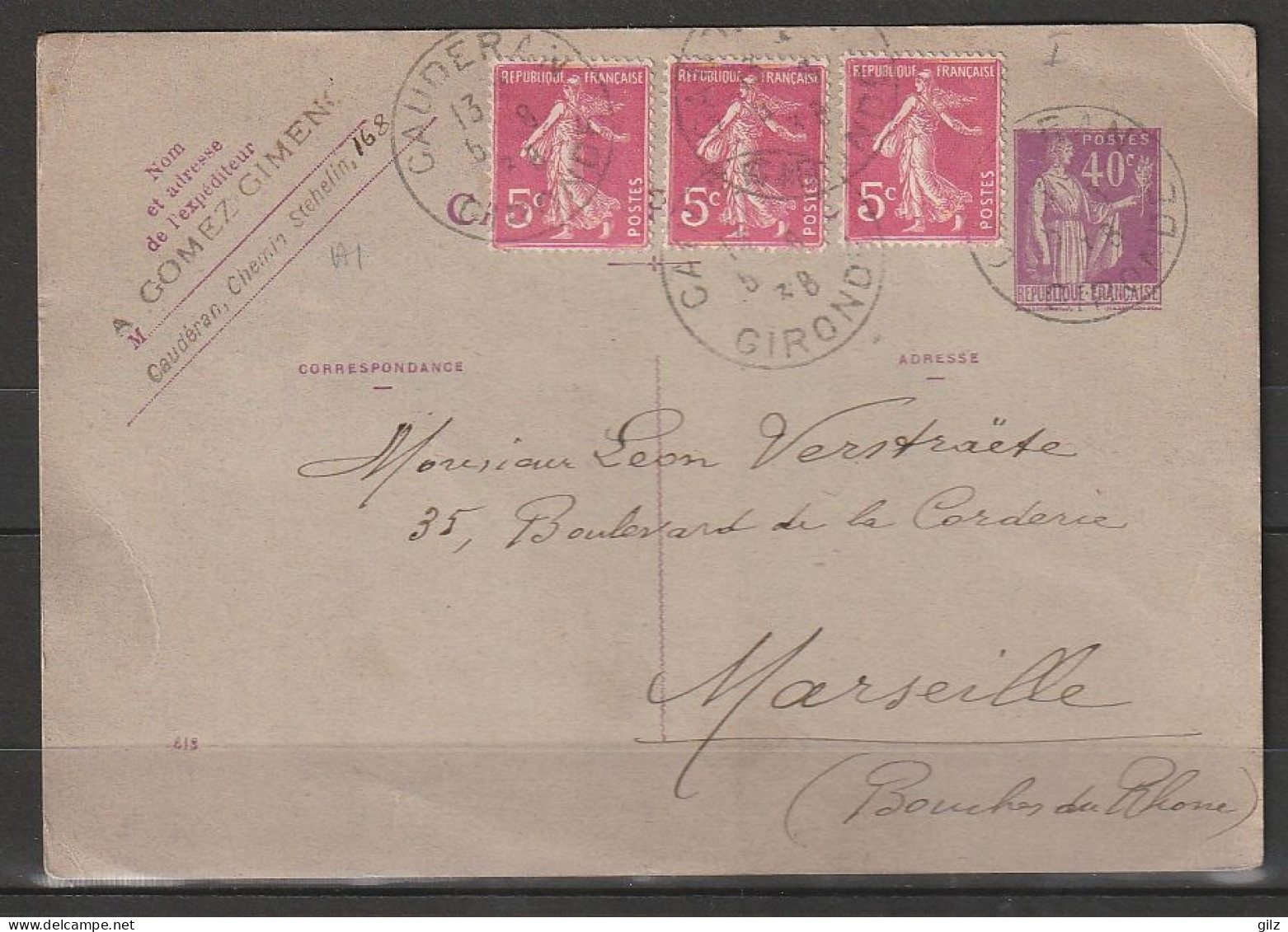 Entier Type PAIX 40c Lilas Sur CP Y.et.T. 351 Plus Cpmt Semeuses 5c Rose (278B) Depart Cauderan (gironde) Pour Marseille - Cartes Postales Types Et TSC (avant 1995)