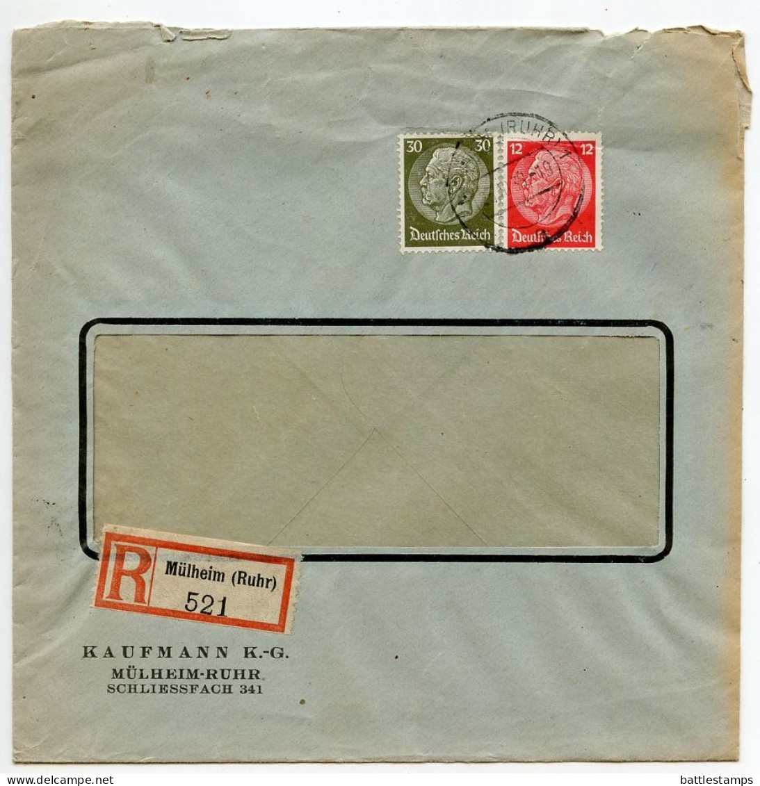Germany 1938 Registered Cover; Mülheim (Ruhr) - Kaufmann K.-G.; 12pf. & 30pf. Hindenburg Stamps - Briefe U. Dokumente