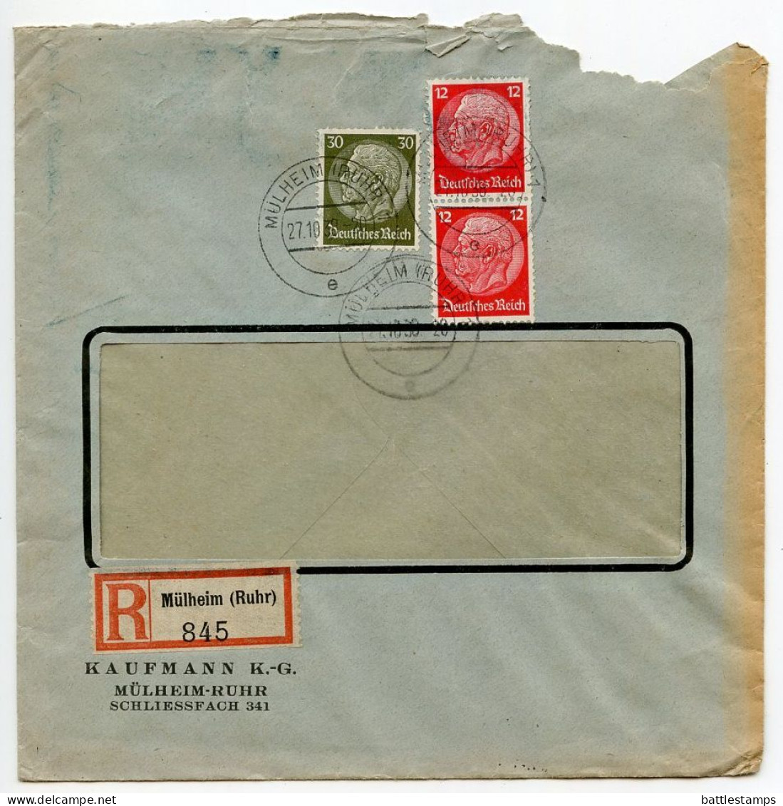 Germany 1938 Registered Cover; Mülheim (Ruhr) - Kaufmann K.-G.; 12pf.(pair) & 30pf. Hindenburg Stamps - Briefe U. Dokumente