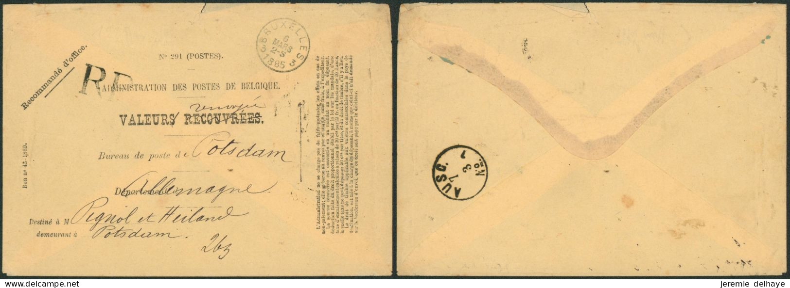 Administration Des Postes De Belgique - Valeurs Recouvrées (n°291) Expédié De Bruxelles (1885) + Griffe RP > Costdam (AL - Franquicia