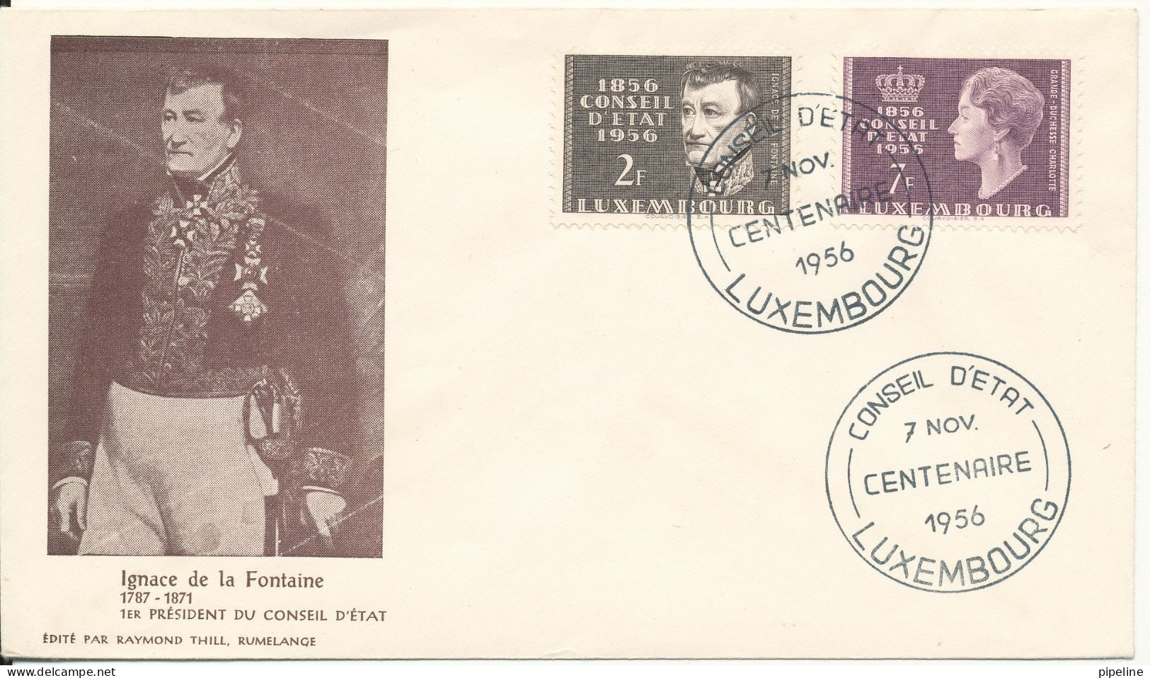 Luxembourg FDC 7-11-1956 Conseil D'etat Centenaire Set Of 2 With Cachet - FDC