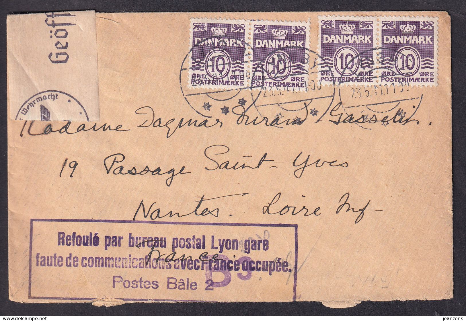 Lettre ʘ Lyngby 23.05.1941 -> Nantes - ʘ Refoulé - Zensur/Censure ABP F Hambourg - Guerre De 1939-45