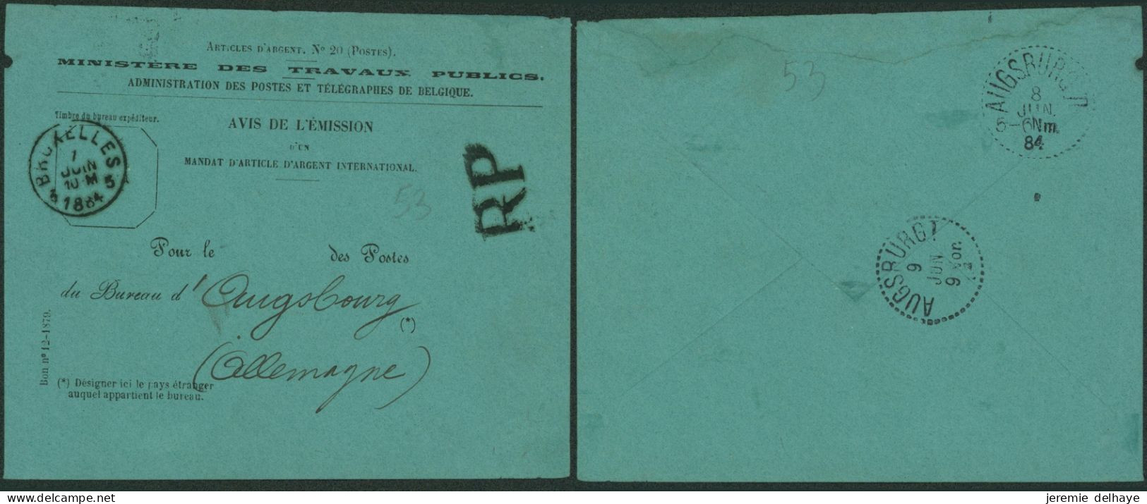 Administration Des Postes De Belgique - Avis De L'émission D'un Mandat D'article D'argent International (Bruxelles 1884) - Franquicia