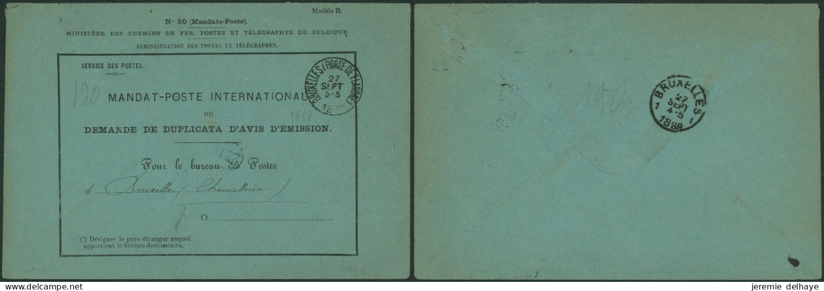 Administration Des Postes De Belgique - Mandat-poste International (Bruxelles 1888, N°20) > Bruxelles (chancellerie) - Zonder Portkosten