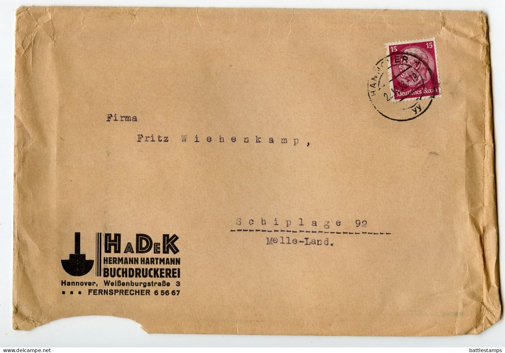 Germany 1938 Cover; Hannover - Hadek, Hermann Hartmann, Buchdruckerei To Schiplage; 15pf. Hindenburg - Briefe U. Dokumente